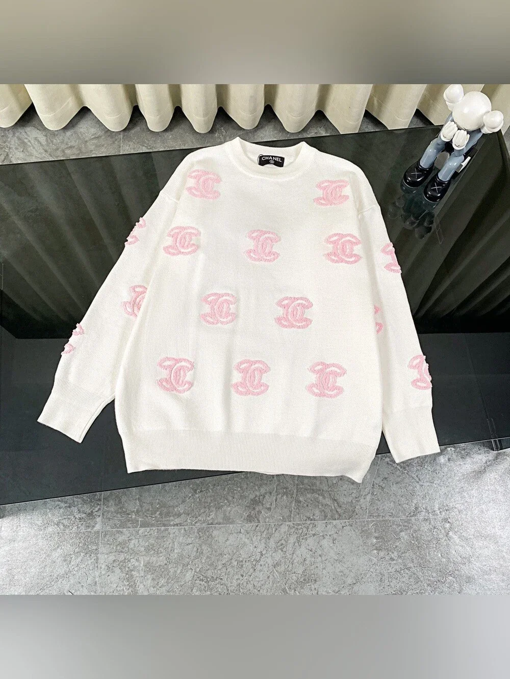 CHANEL White Crewneck Sweater with Pink CC Motifs